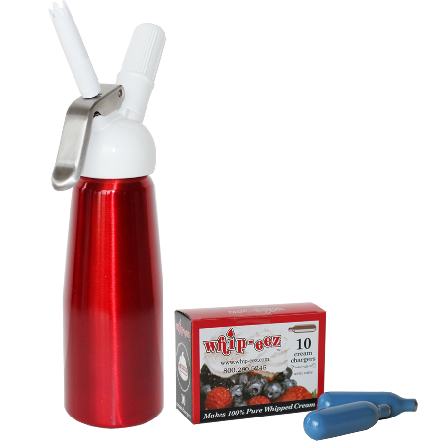 Red 1/2 liter whip cream dispenser w/free 10 pk chargers