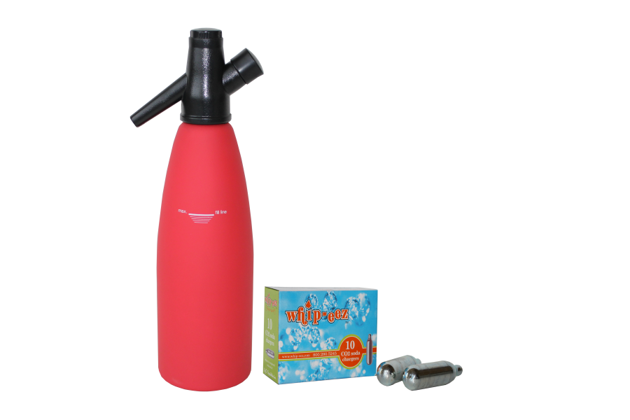 1 Liter Red Rubber Coated Soda Siphon w/ Free 10 pack of Co2 Soda Chargers
