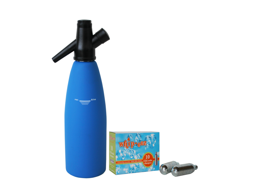 1 Liter Blue Rubber Coated Soda Siphon w/Free 10pk of Co2 Soda Chargers