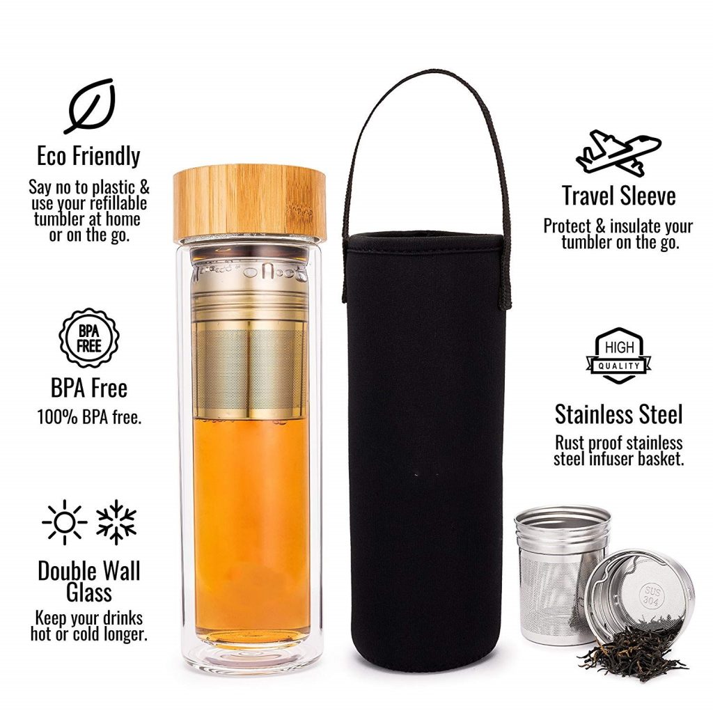 Tea Tumbler with Infuser  BPA Free Double Wall Glass Travel Tea Mug w 